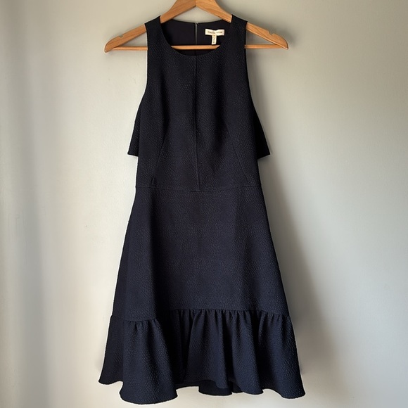 REBECCA TAYLOR Navy Textured Stretch Woven Ruffle Flounce Fit & Flare Dress 6 - Picture 3 of 6